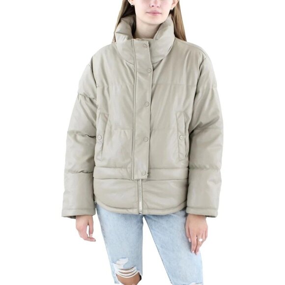 DKNY Jeans Short Puffer Jacket Faux Leather Womens Medium E3HDLP78 Tan Was $189 - Picture 1 of 3
